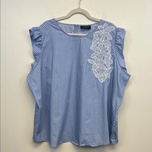Lane Bryant Blue White Striped Cap Sleeved Blouse with floral embroidery Size 24